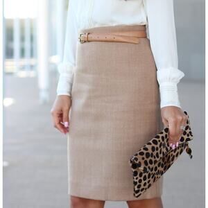J CREW No 2 Pencil Wool Skirt Knee Length High Waisted Back Slit Beige Size 0